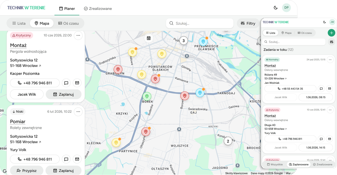 Podgląd systemu Technik w Terenie – mapa zleceń z planerem zadań techników w terenie